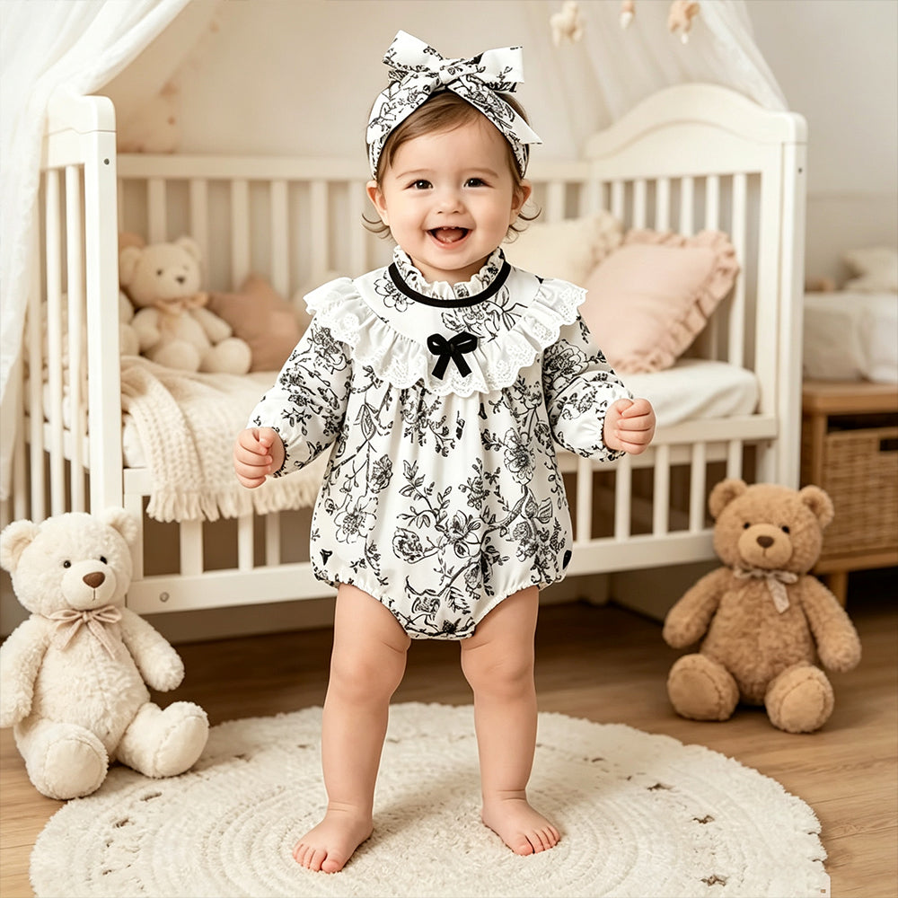 2PCS Vintage Floral Print Lace Eyelet Long Sleeve Baby Girl Romper