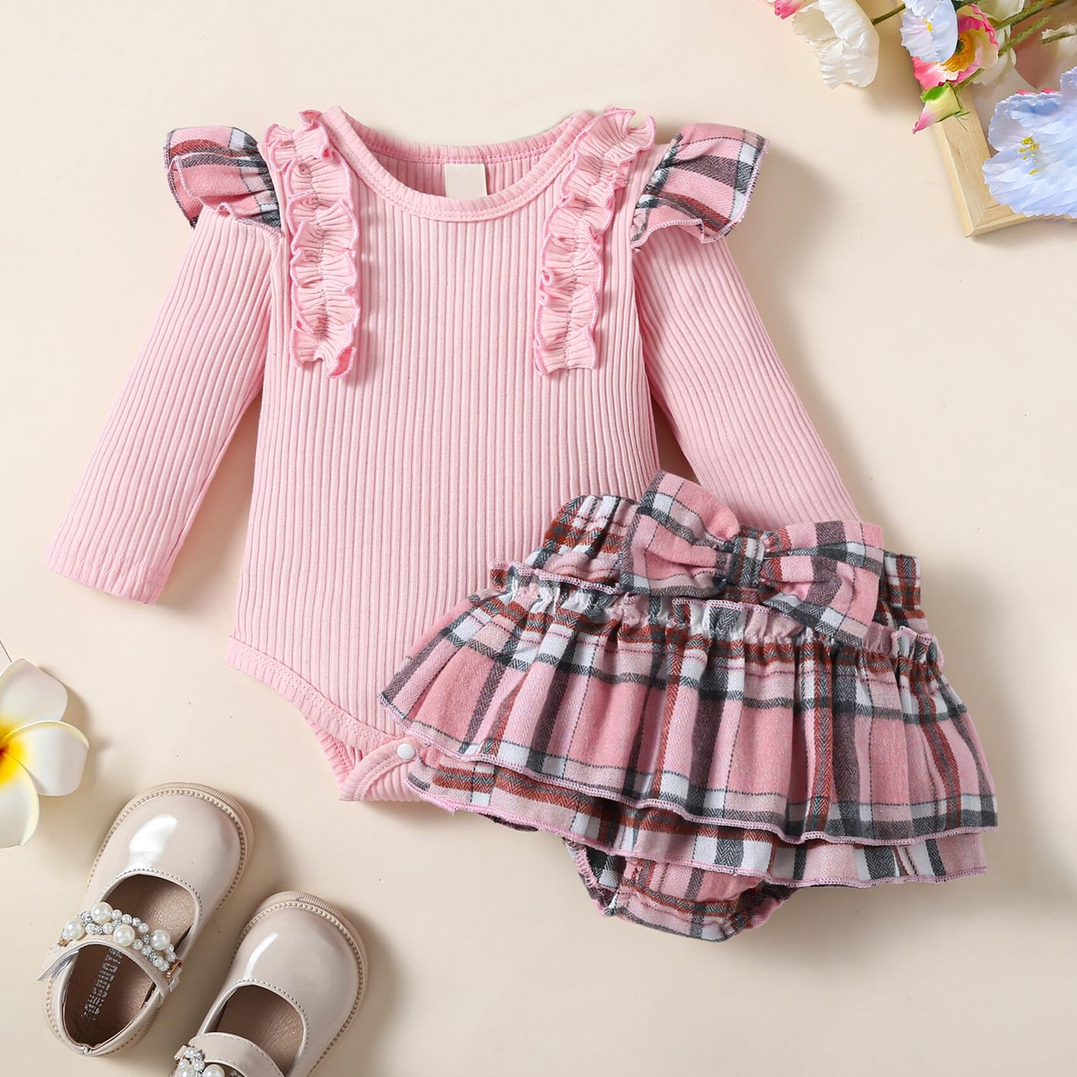 2PCS Stylish Plaid Printed Bowknot Long Sleeve Baby Set