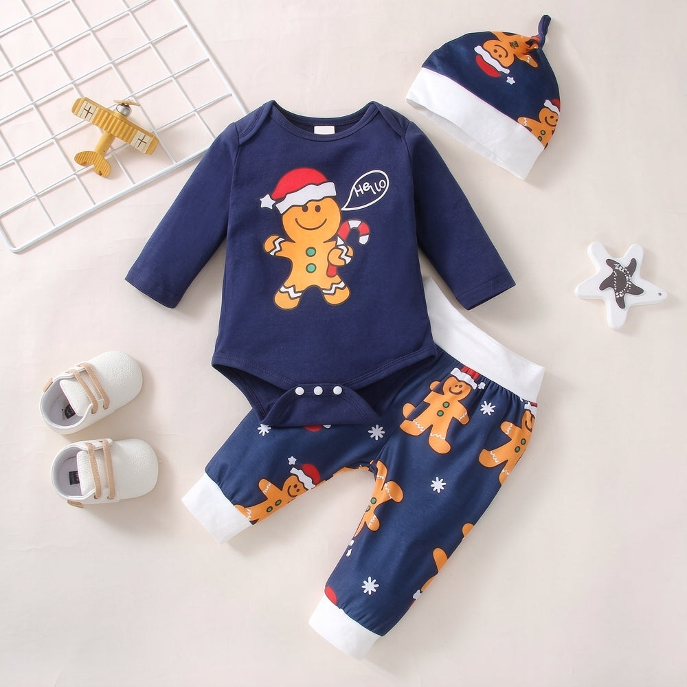 3PCS Comfy Christmas Gingerbread Printed Long Sleeve Baby Set