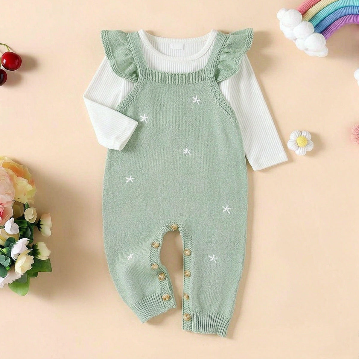 Sweet Floral Faux Two-Piece Long Sleeve Knit Baby Girl Jumpsuit