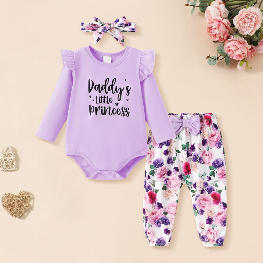 3PCS Sweet Daddy's Little Princess Letter Floral Print Baby Set