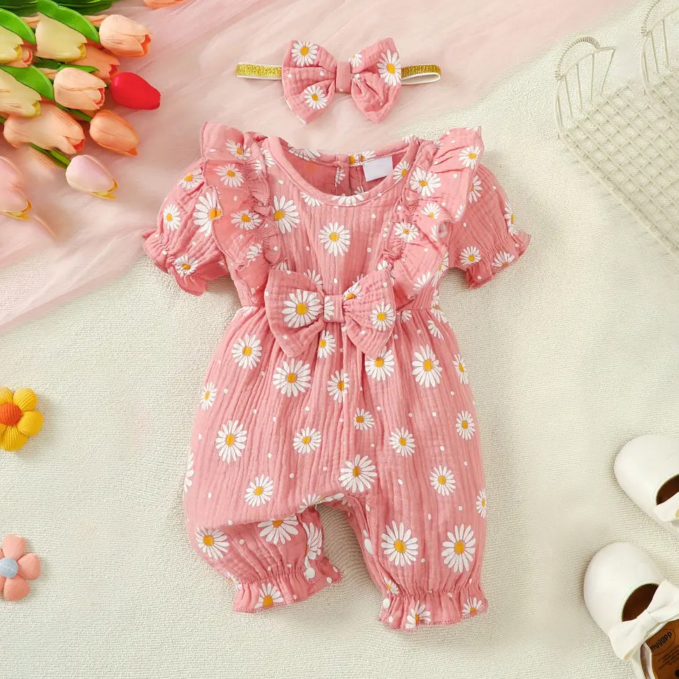 2PCS Cute Daisy Print Bow Short Sleeve Baby Jumpsuit