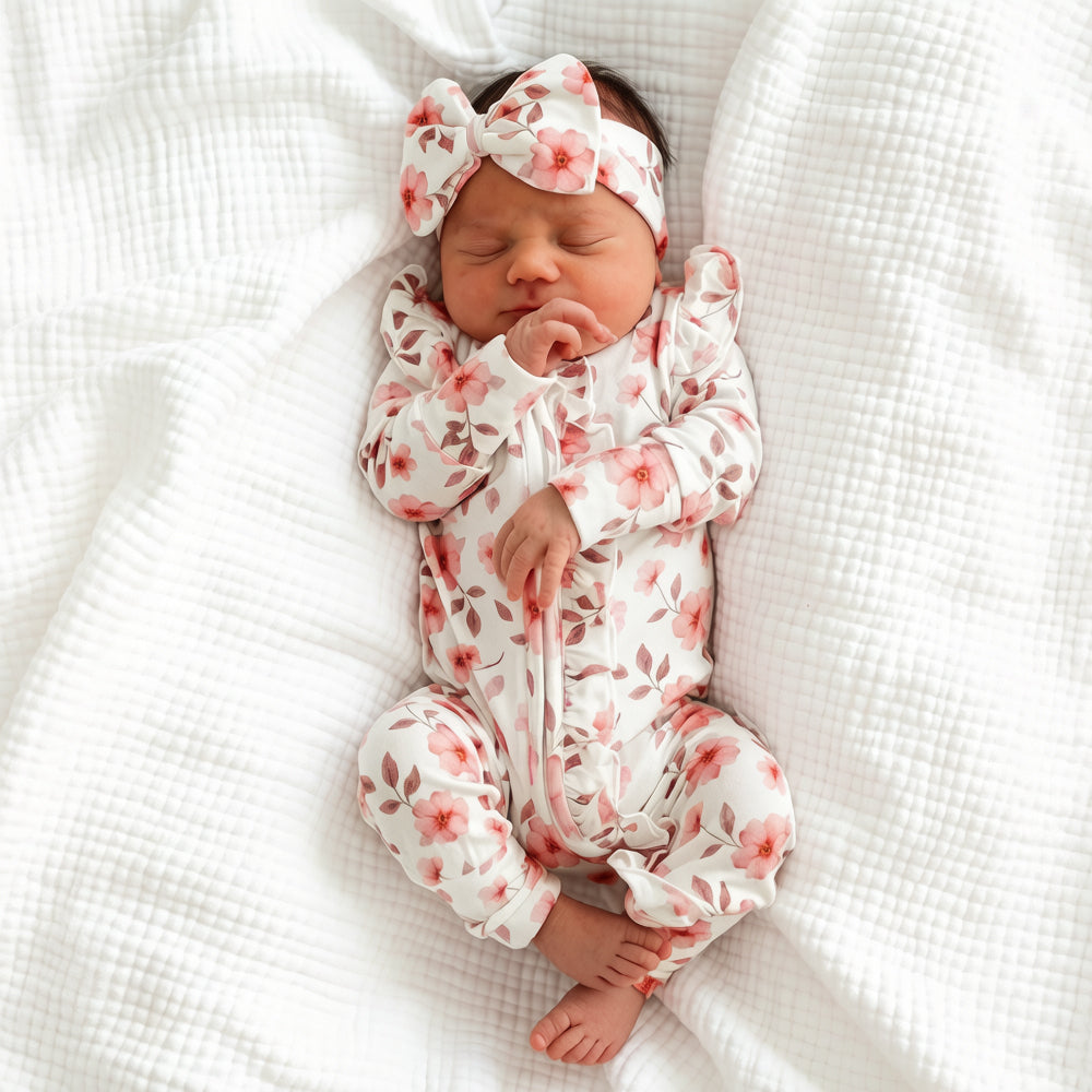 2PCS Elegant Floral Print Long Sleeve Zipper Baby Jumpsuit