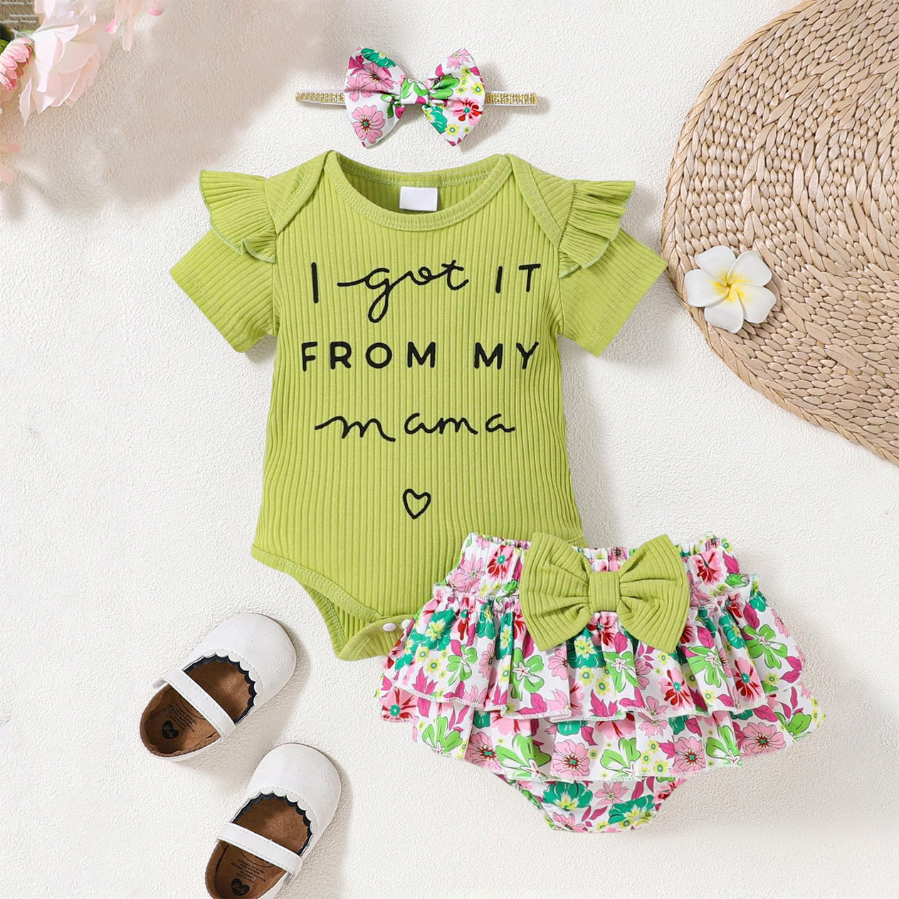 3PCS I Got It From My Mama Letter Floral Printed Short Sleeves Baby Set