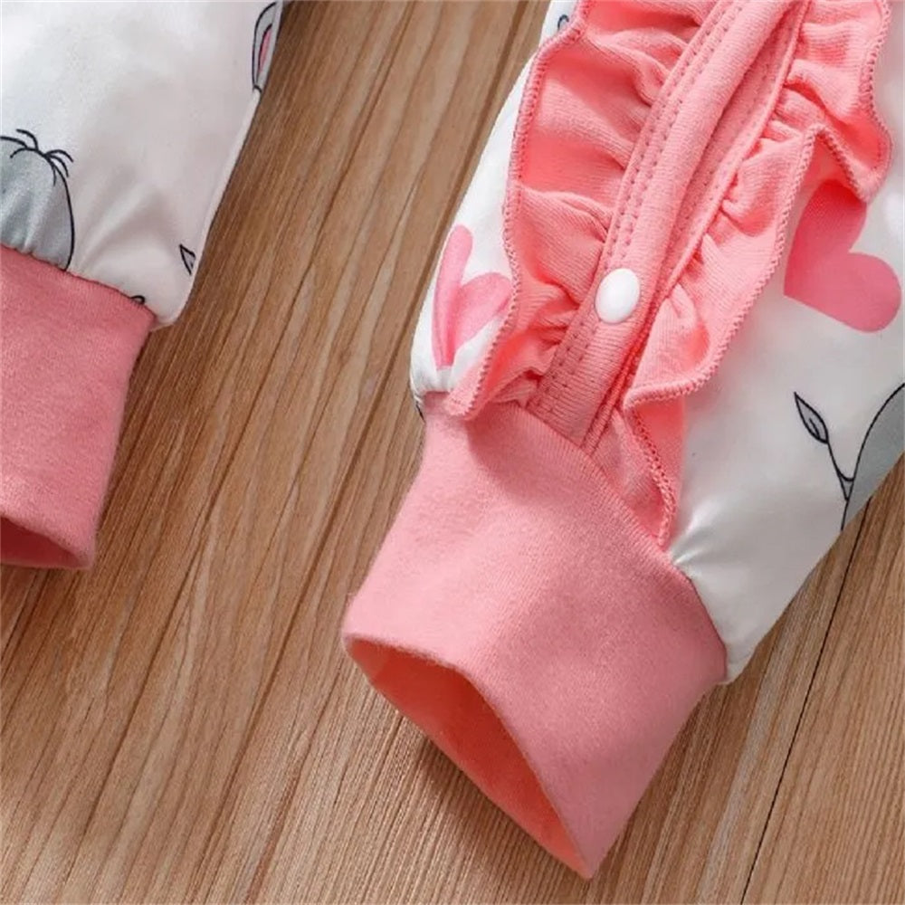 2PCS Cute Elephant Print Frill Trim Long Sleeve Baby Jumpsuit