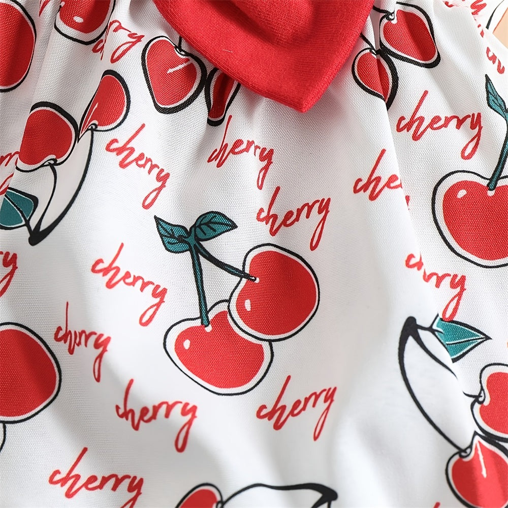 Cute Cherry Printed Bow Fly Sleeve Baby Jumpsuit