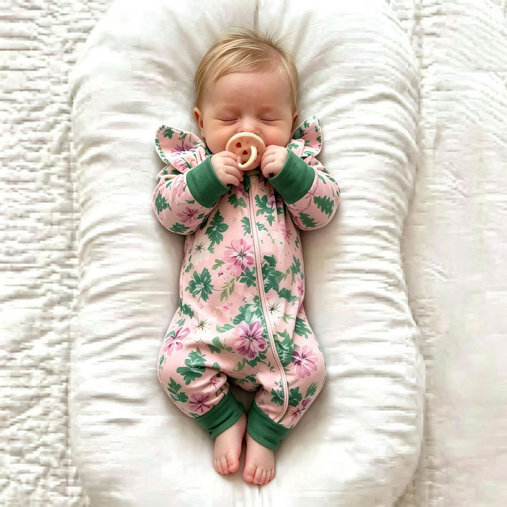 Casual Floral Print Zipper Long Sleeve Baby Girl Jumpsuit