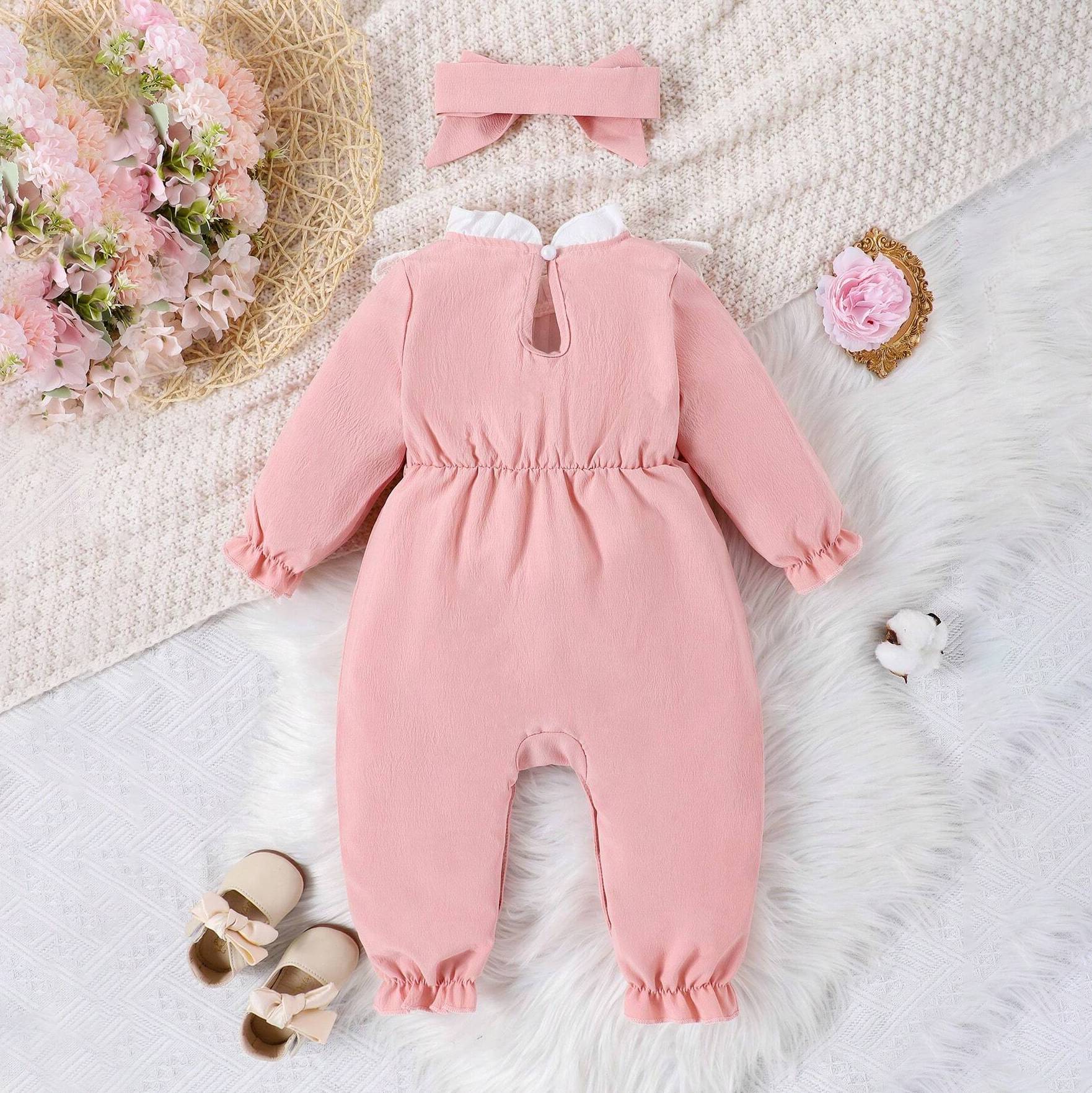 2PCS Comfy Colorblock Lace Trim Long Sleeve Baby Jumpsuit