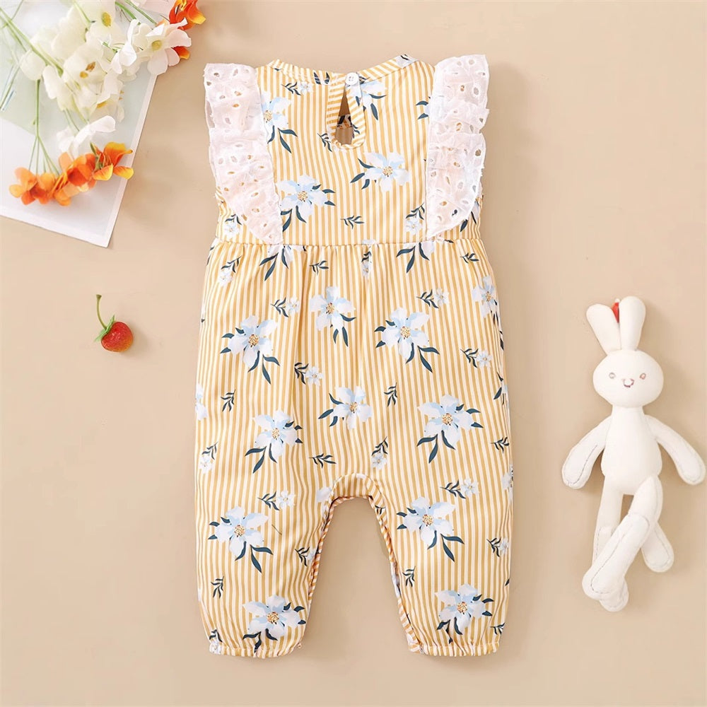 Floral Print Striped Lace Trim Sleeveless Baby Jumpsuit