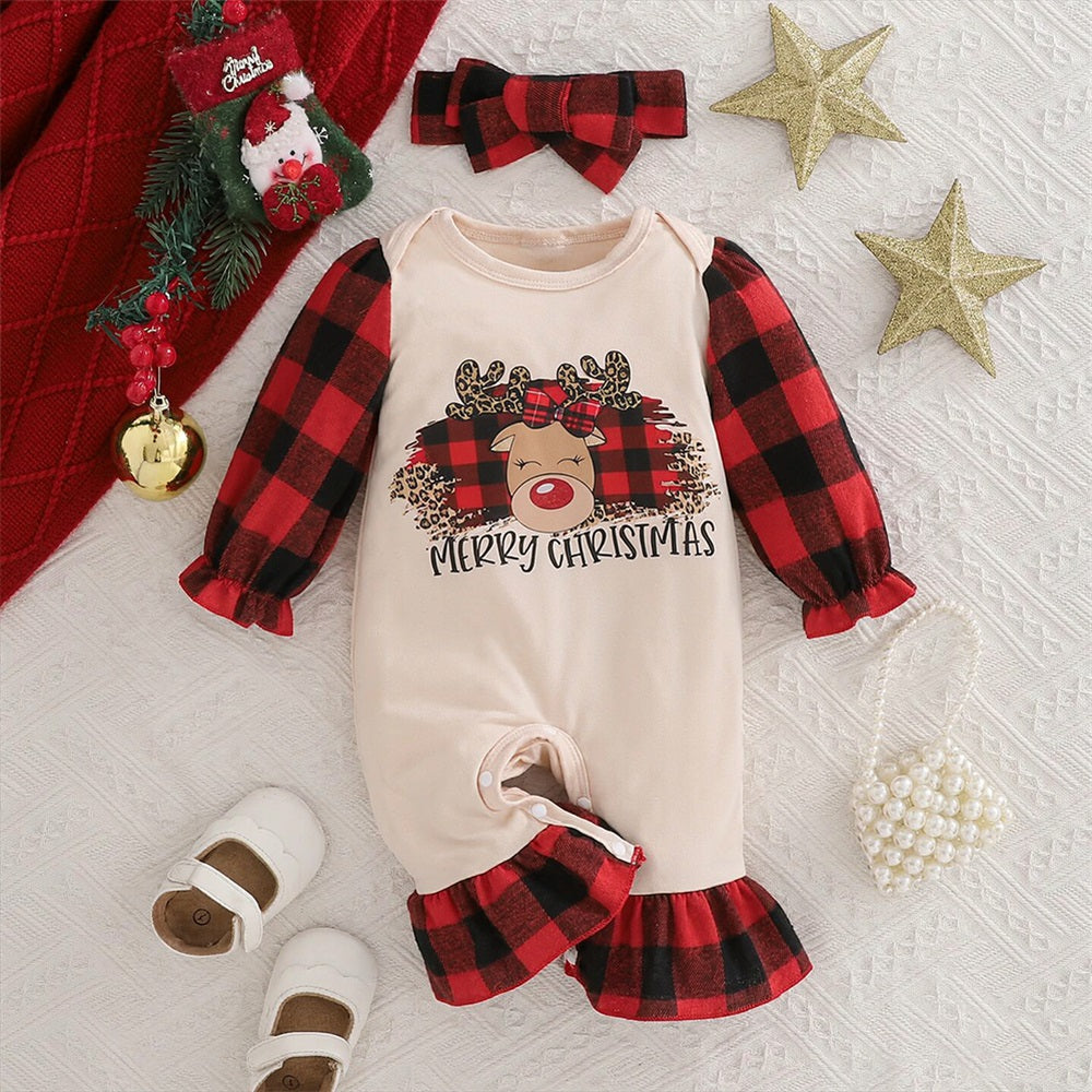 2PCS Merry Christmas Letter Plaid Print Long Sleeve Baby Jumpsuit