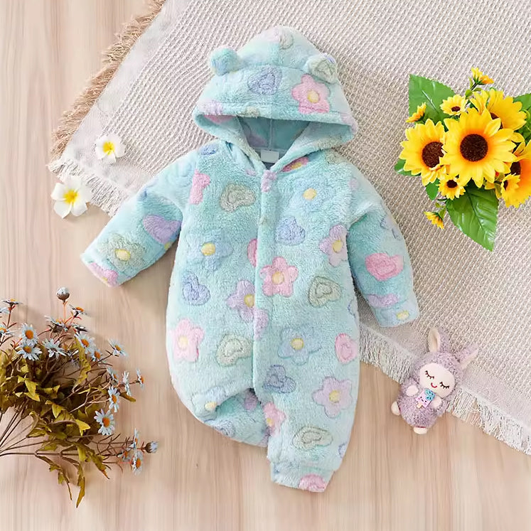 Cute Floral Print Plush Long Sleeve Hooded Baby Jumpsuit