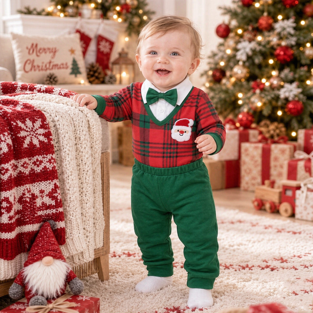 2PCS Dapper Santa Applique Plaid Print Long Sleeve Baby Boy Set