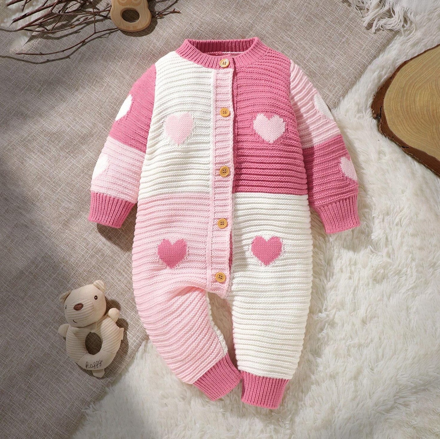 Sweet Heart Printed Knitted Warm Long Sleeve Baby Jumpsuit