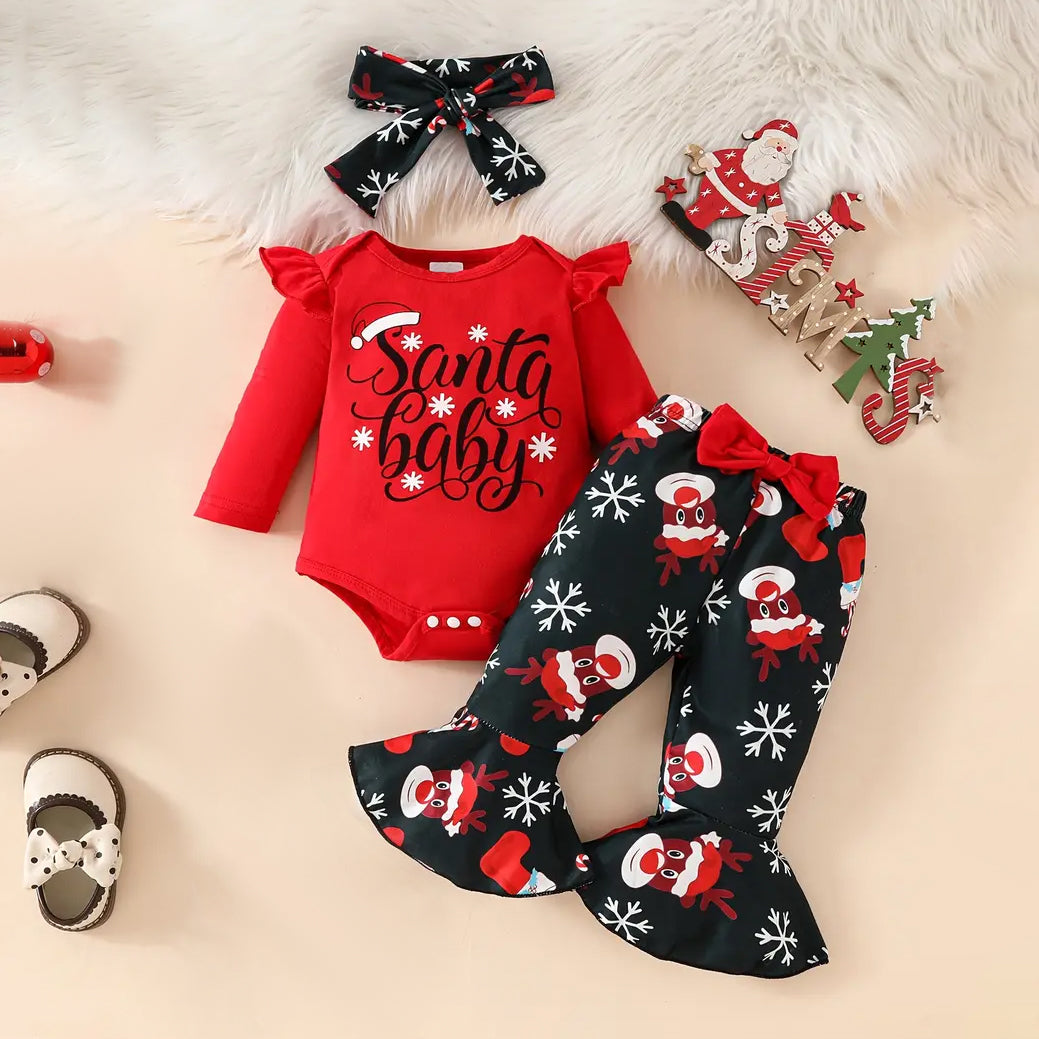 3PCS Santa Baby Letter Elk Printed Long Sleeve Baby Set