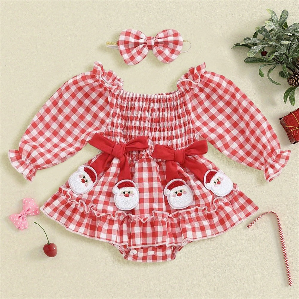 2PCS Christmas Santa Claus Plaid Printed Baby Romper