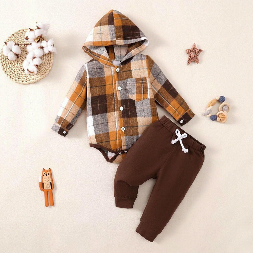 2PCS Vintage Plaid Print Long Sleeve Hoodie Baby Boy Set