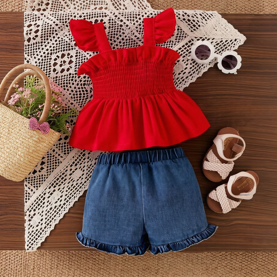 2PCS Summer Cherry Embroidery Flutter Sleeve Denim Baby Set
