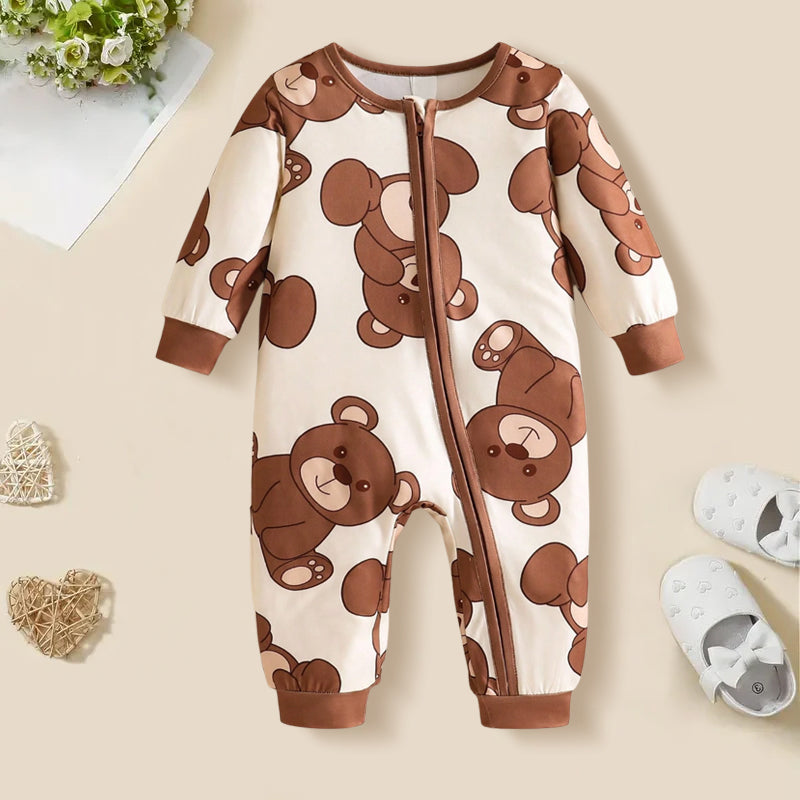 Adorable Bear Print Full Allover Print Crew Neck Baby Jumpsuit