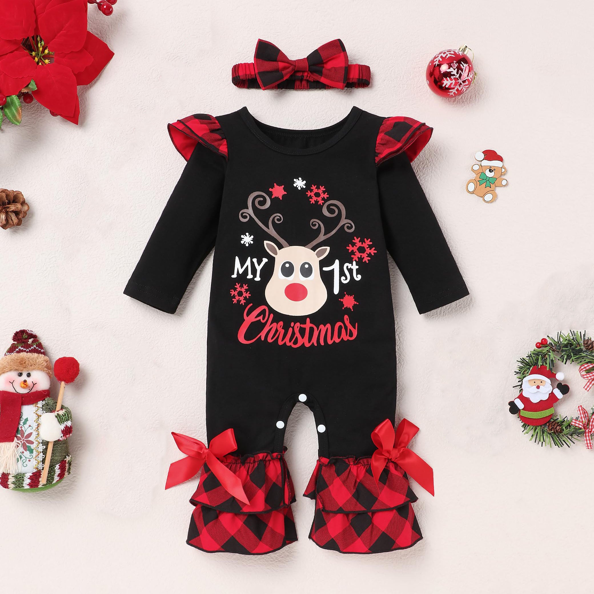 2PCS My 1st Christmas Letter Elk Print Long Sleeve Baby Jumpsuit
