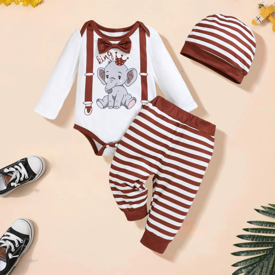 3PCS Comfy Elephant Stripe Printed Short Sleeve Baby Set