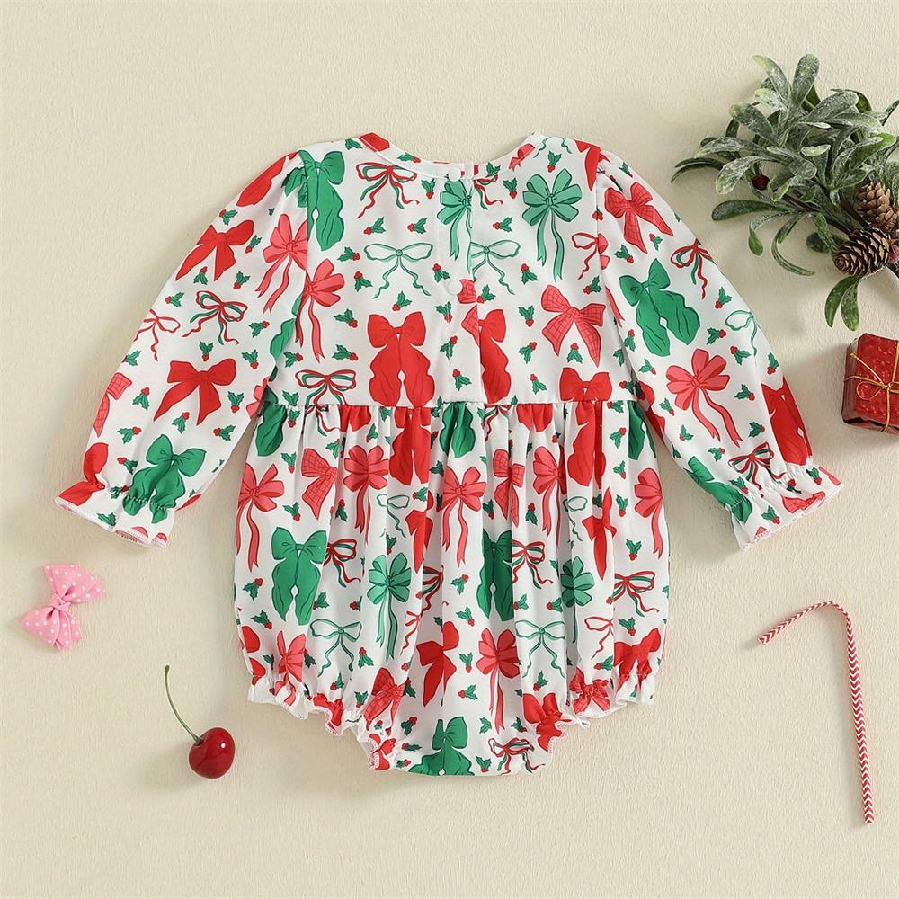 Christmas Bow Print Long Sleeve Baby Girl Romper