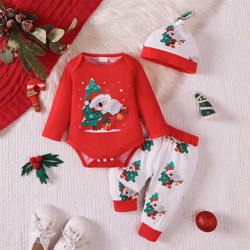3PCS Christmas Tree Koala Print Long Sleeve Baby Set