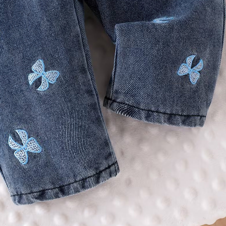 3PCS Sweet Bow Embroidery Overalls Denim Baby Set