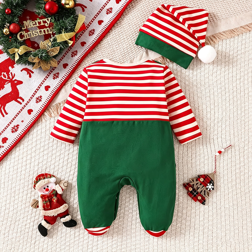 2PCS My 1st Christmas Letter Santa Stripe Print Faux Layering Baby Jumpsuit