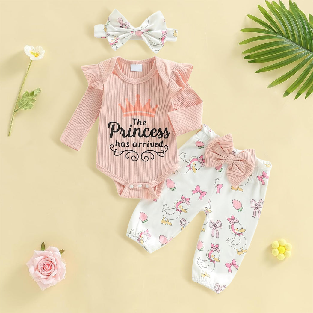 3PCS The Princess Has Arrived Letter Duck Print Baby Set