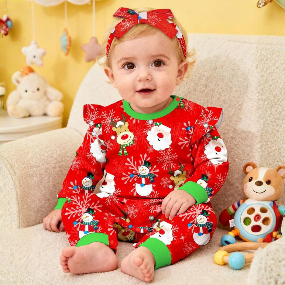 2PCS Christmas Santa Claus Elk Printed Baby Jumpsuit