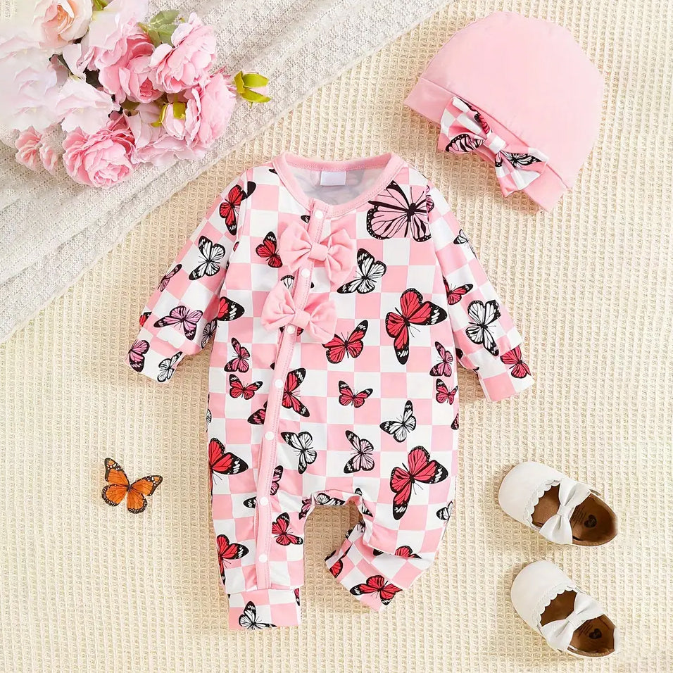 2PCS Sweet Butterfly Plaid Printed Long Sleeve Baby Jumpsuit