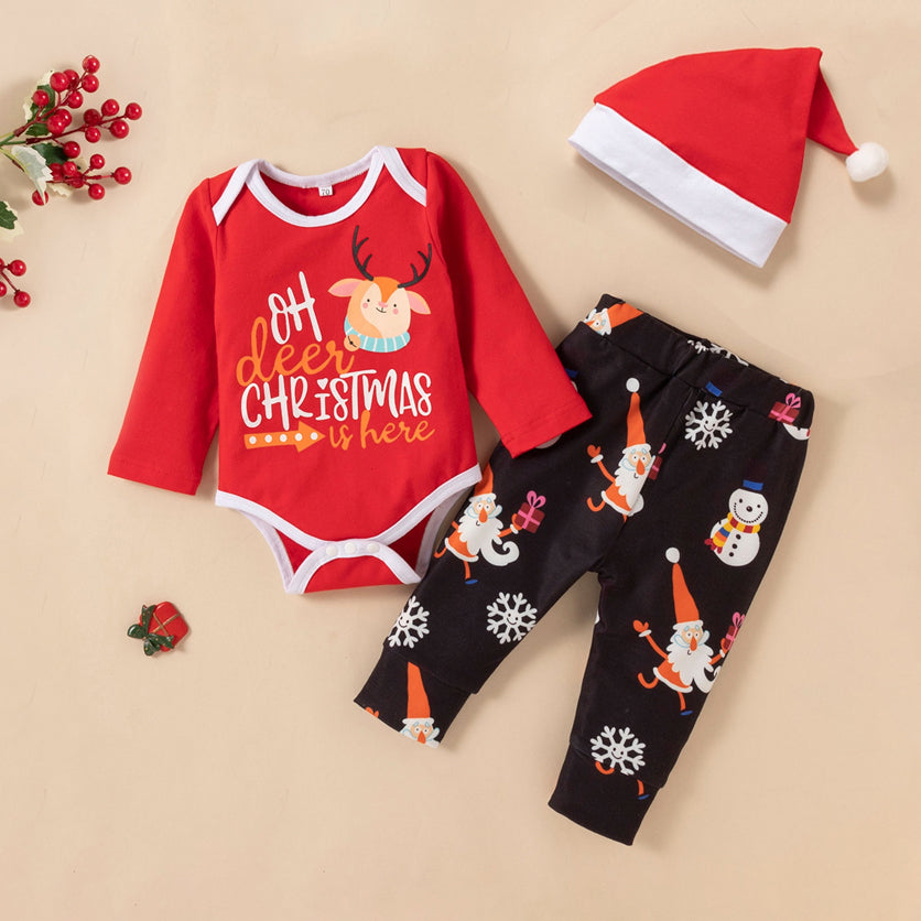 3PCS Oh Deer Christmas Is Here Letter Deer Printed Baby Set