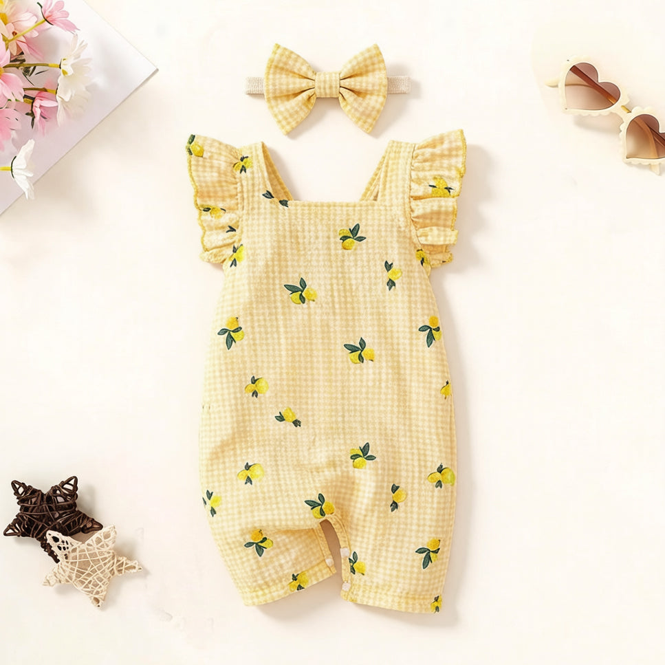 2PCS Fresh Lemon & Plaid Print Flutter Sleeve Baby Jumpsuit
