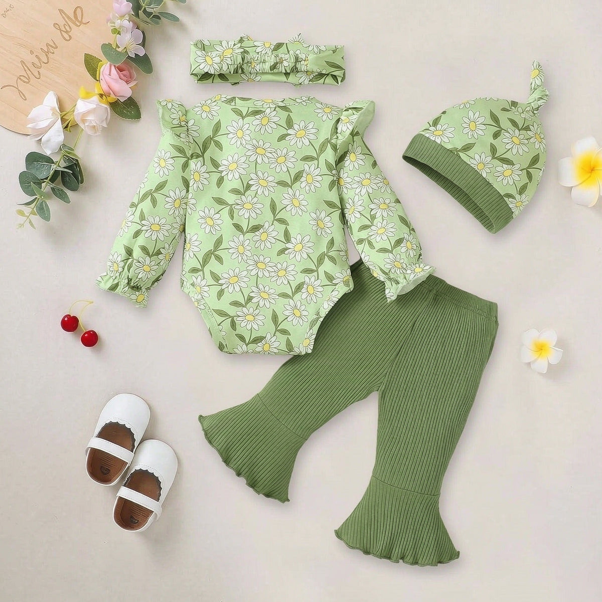 4PCS Lively Daisy Print Bow Long Sleeve Baby Girl Set