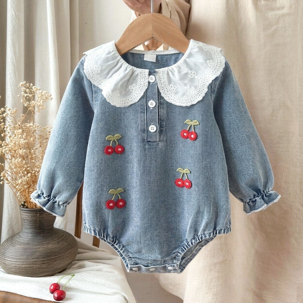 Cherry Embroidered Long Sleeve Ruffled Denim Baby Romper