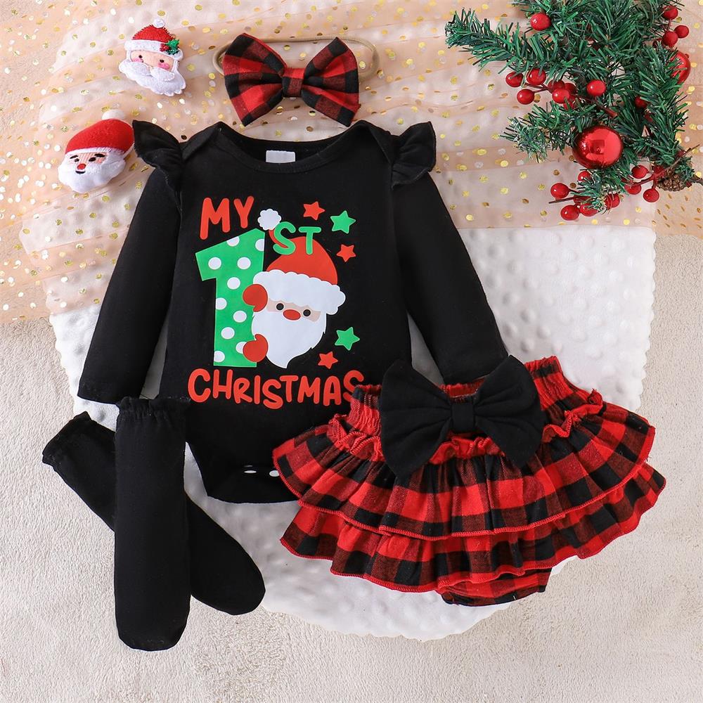 4PCS Cute My 1st Christmas Letter Plaid Printed Baby Set