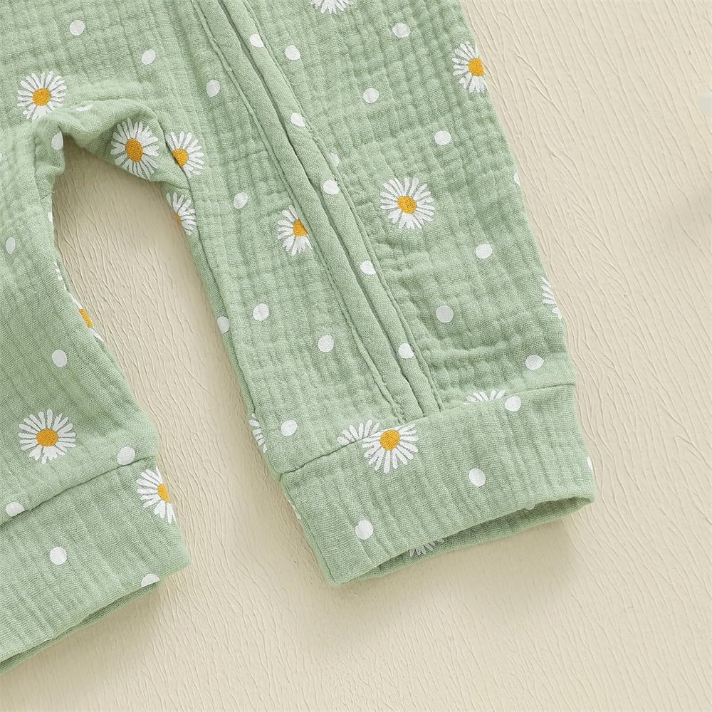 Casual Daisy Print Long Sleeve Zipper Baby Jumpsuit