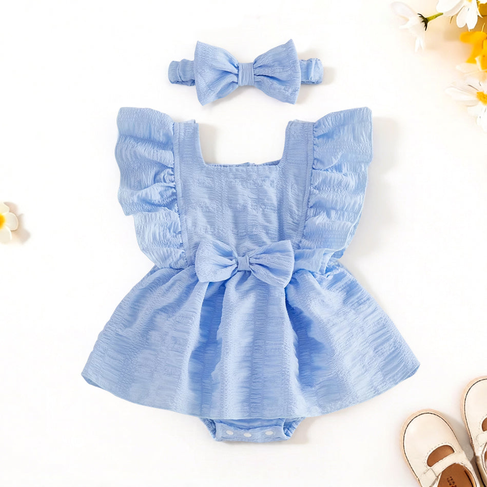 2PCS Cozy Solid Color Bowknot Flutter Sleeve Baby Romper