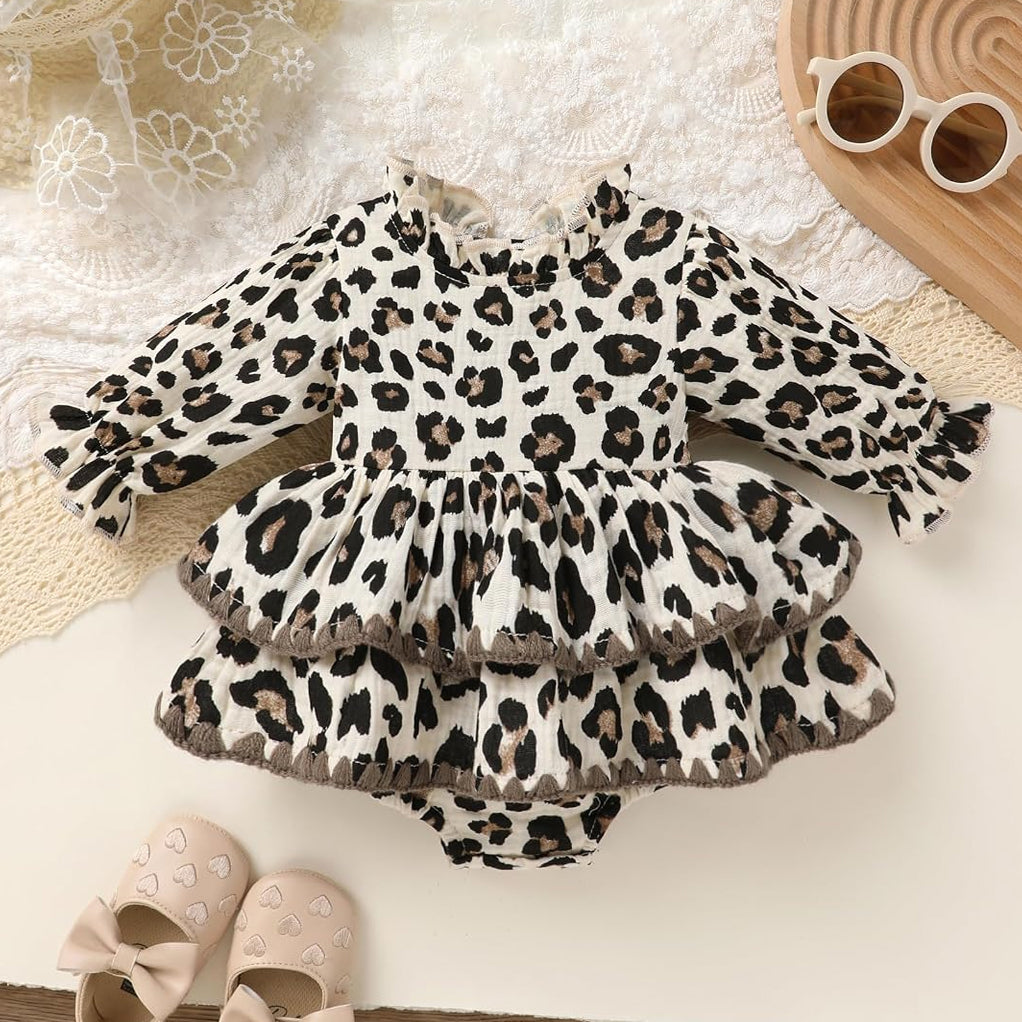 Sweet Leopard Printed Long Sleeve Baby Girl Romper