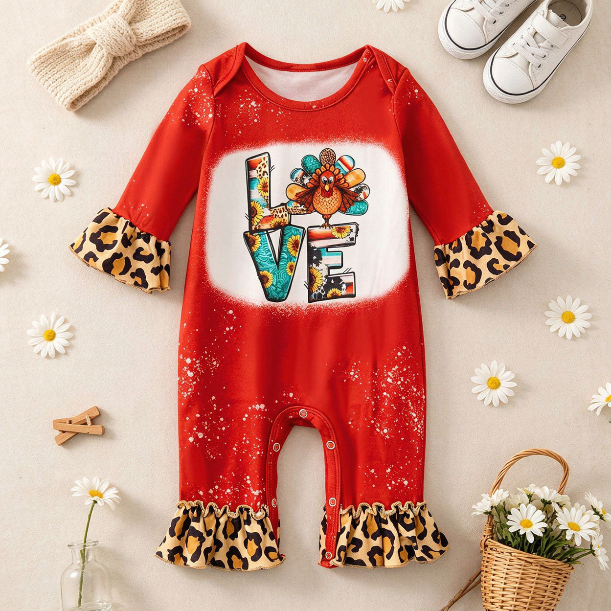 Love Letter Leopard Printed Long Sleeve Baby Jumpsuit