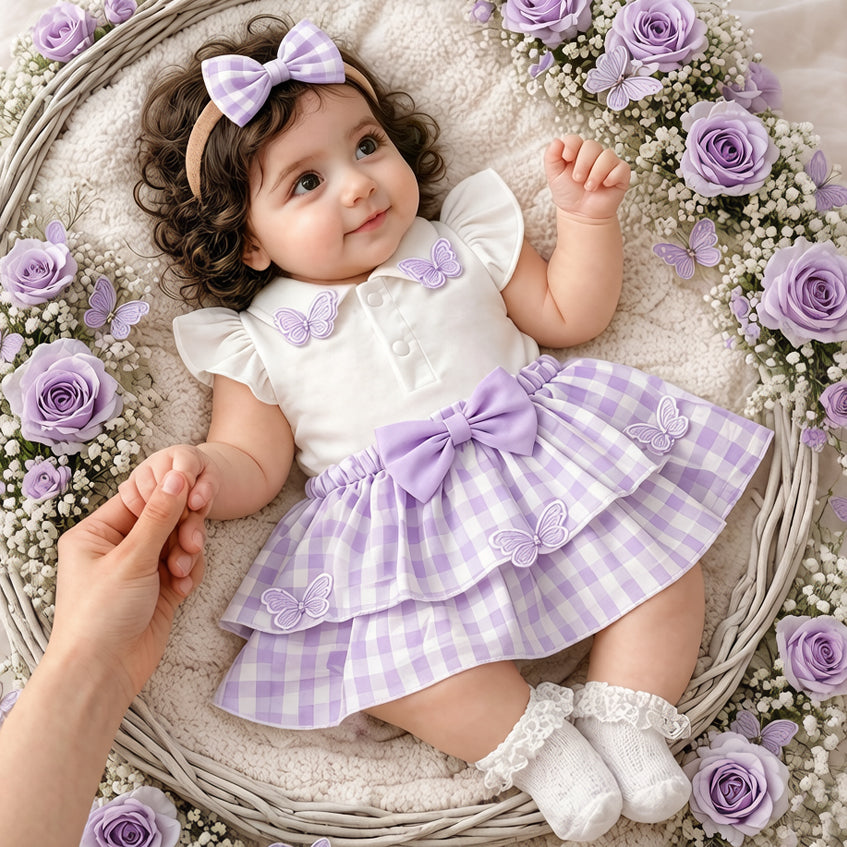 3PCS Chic Butterfly Appliqué Plaid Print Flutter Sleeve Baby Set
