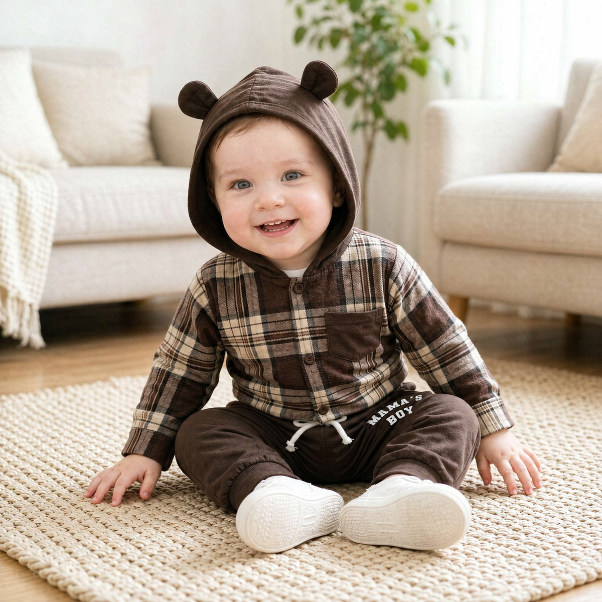 2PCS Mama's Boy Letter Plaid Print Long Sleeve Hoodie Baby Set