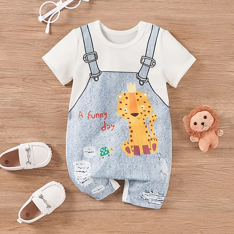 Imitation Denim Two-piece Animal Printed Short Sleeve Baby Jumpsuit