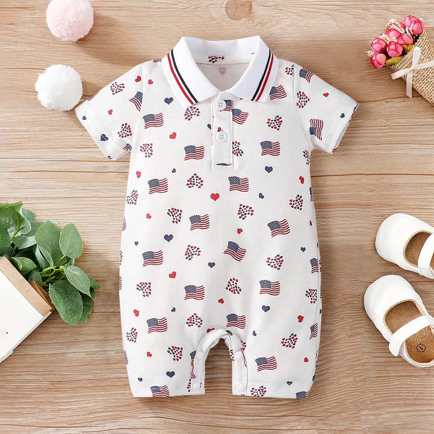 American Flag Printed Short Sleeve Baby Polo Collar Jumpsuit