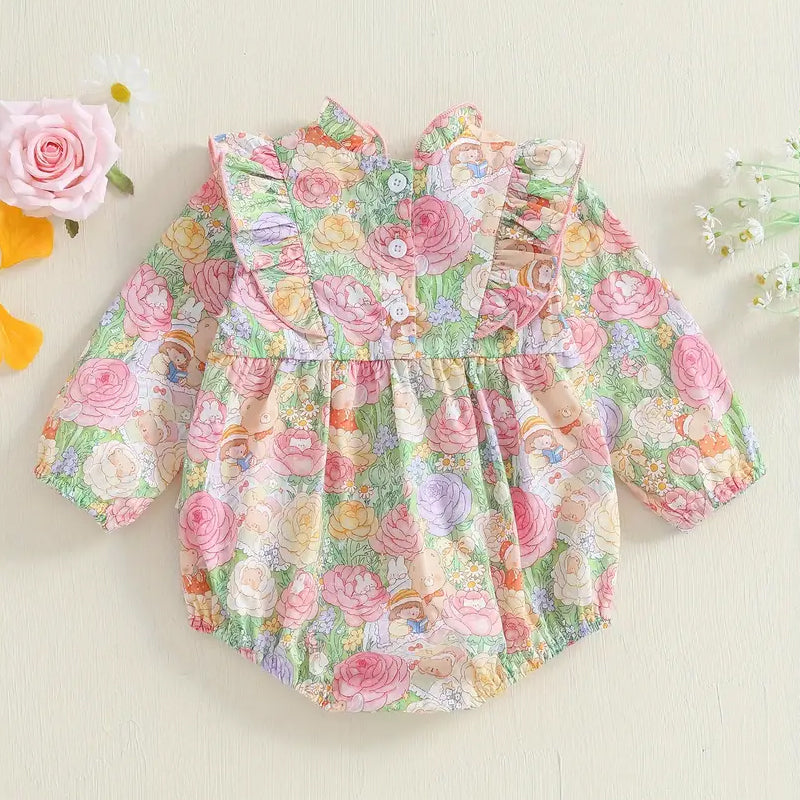 Allover Floral Print Long Sleeve Baby Girl Romper