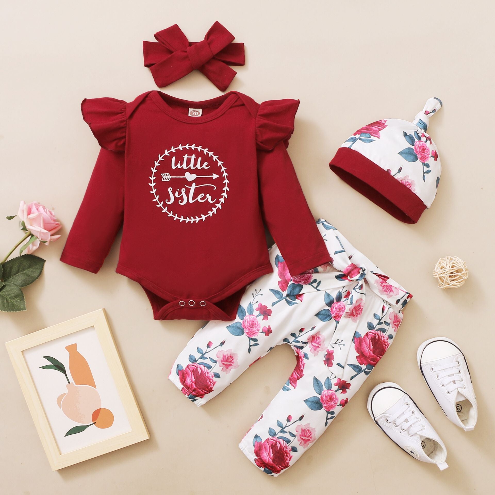 4PCS Pretty Little Sister Letter Floral Printed Long Sleeve Baby Set