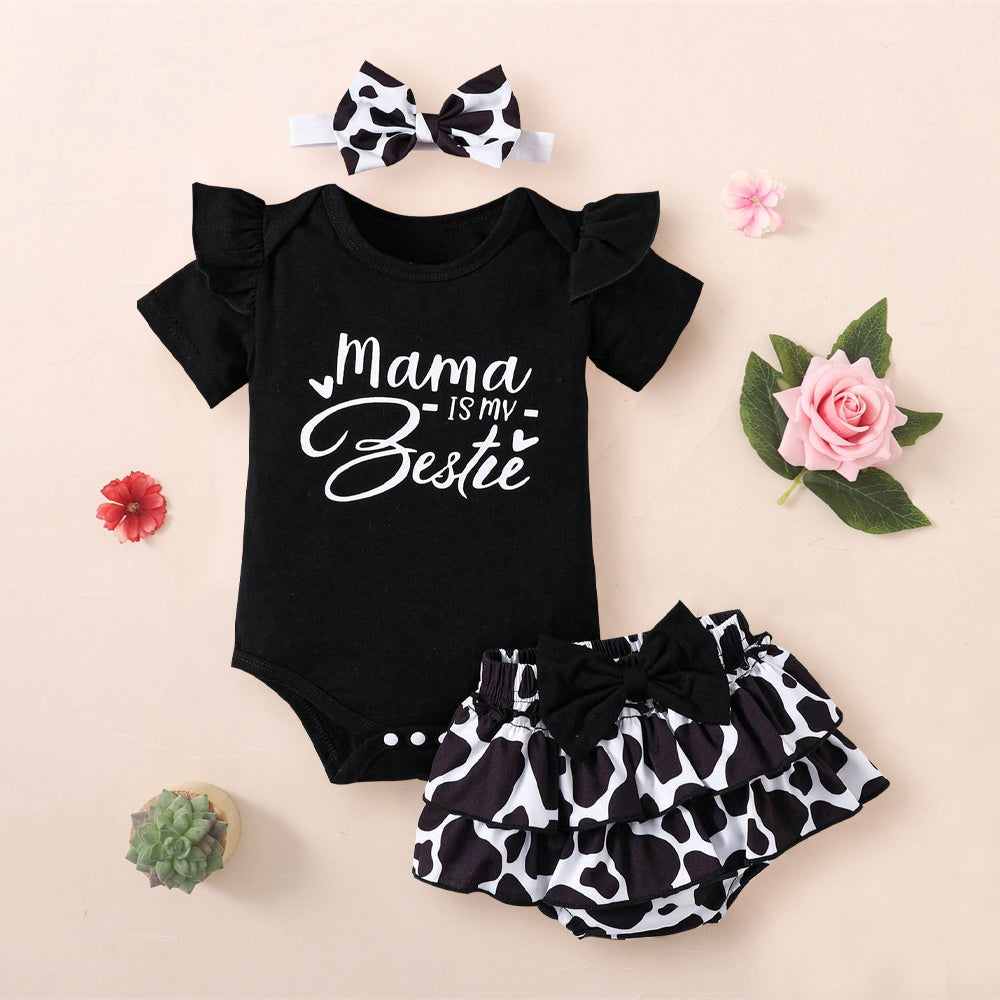 3PCS Mama Is My Bestie Letter Printed Short Sleeve Baby Set
