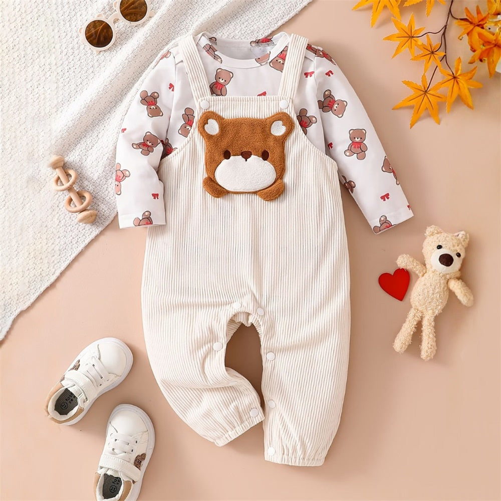 2PCS Adorable Bear Print Long Sleeve Baby Overalls Set