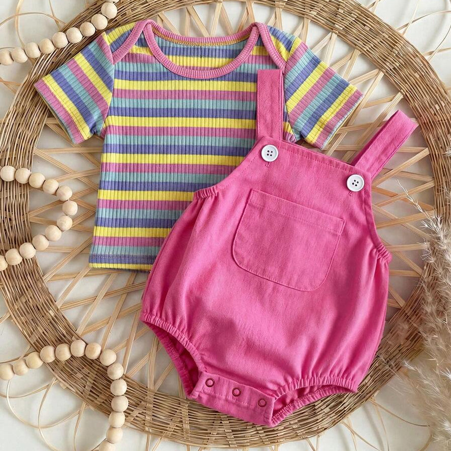 2PCS Cute Stripe Print Short Sleeve Overalls Baby Set