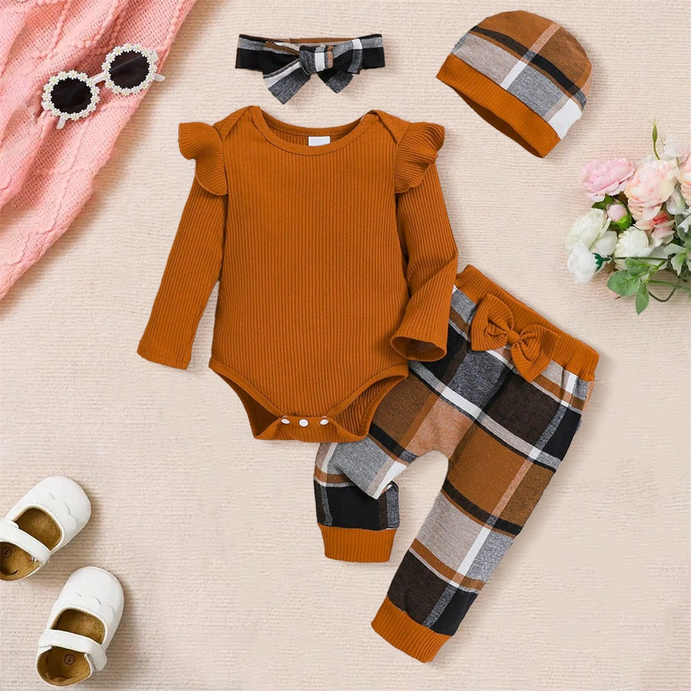 4PCS Fashion Plaid Print Long Sleeve Baby Set